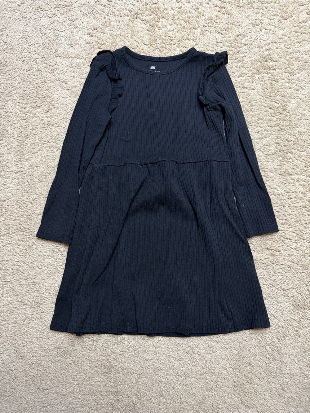 H&M Black Ribbed Long-Sleeve Dress with Ruffle Shoulders